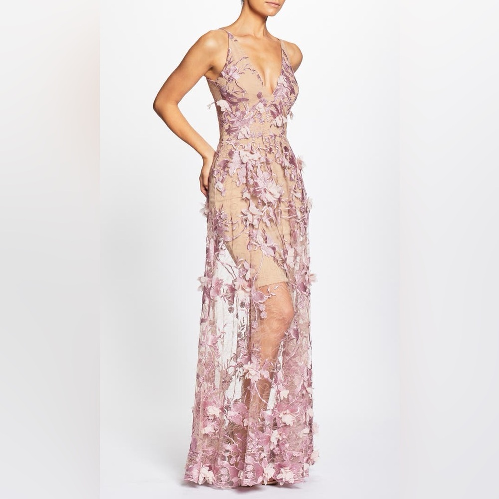 Elegant Pink Lace Appliqué Maxi Dress